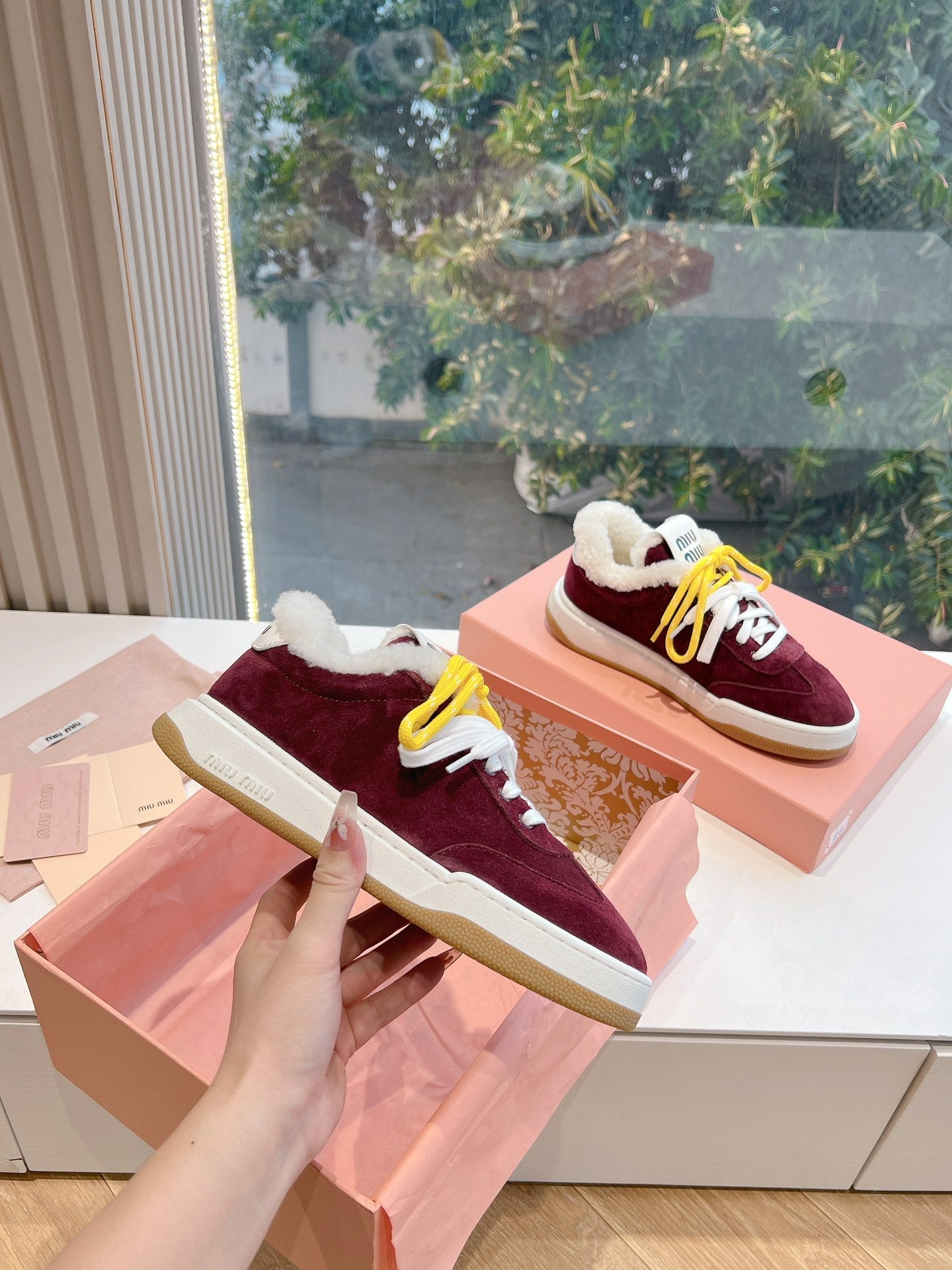 Miumiu 25 Platform Sneakers Burgundy Yellow Suede Wool 549102