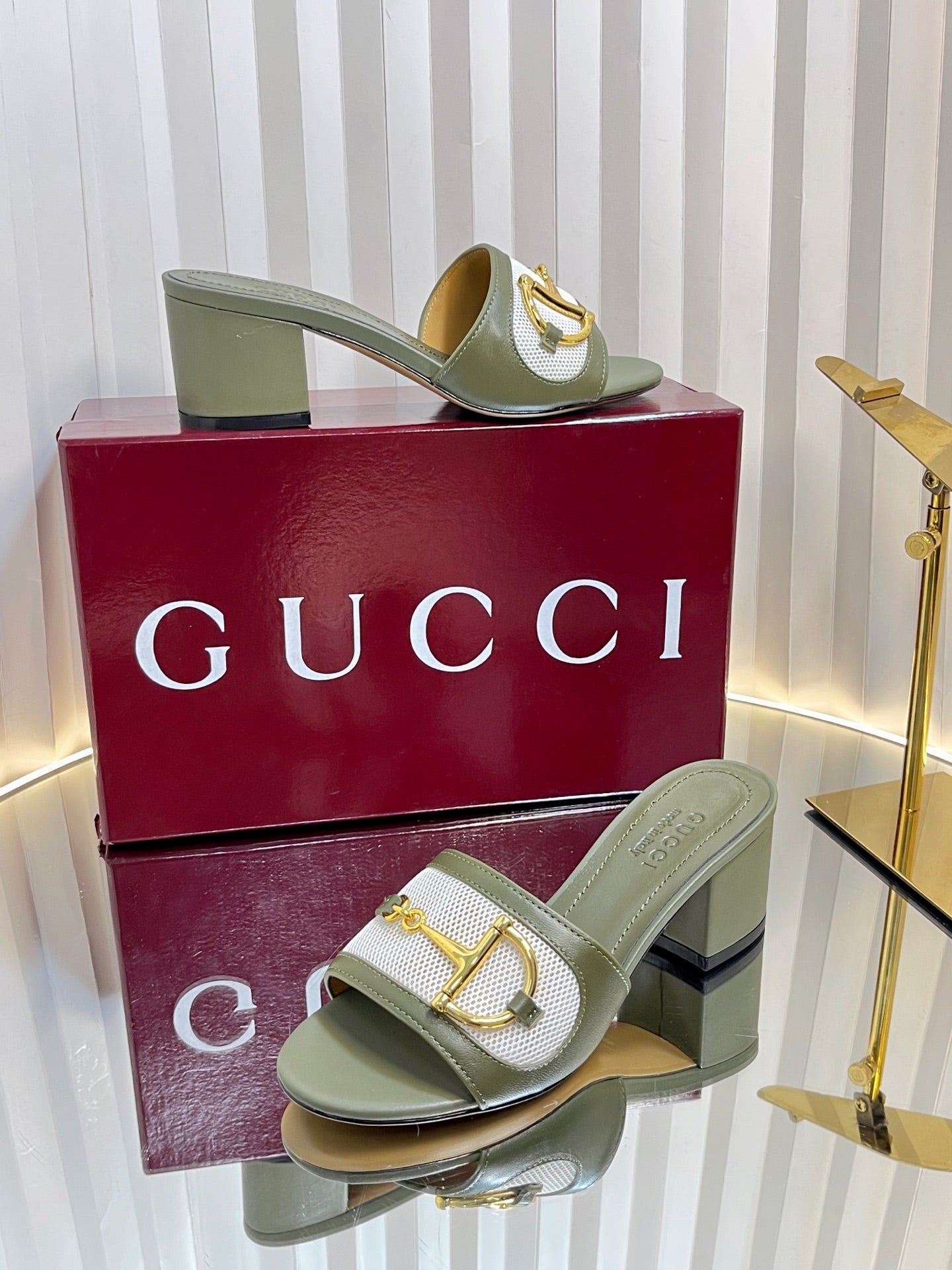 GC 25 Horsebit GG 50mm Sandals Dark Green Canvas Sheepskin 294667