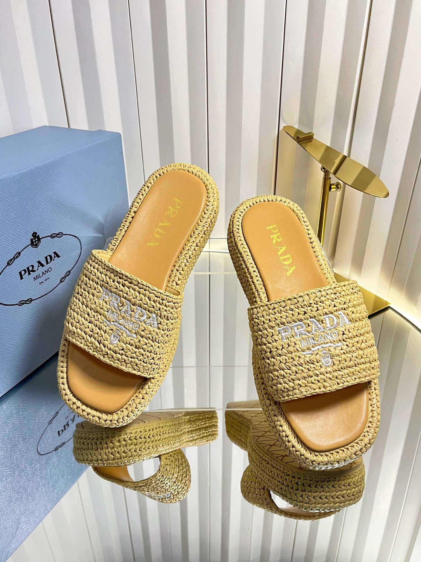 Prada 202 Platform Slide Sandals 40mm Woven Raffia 768777