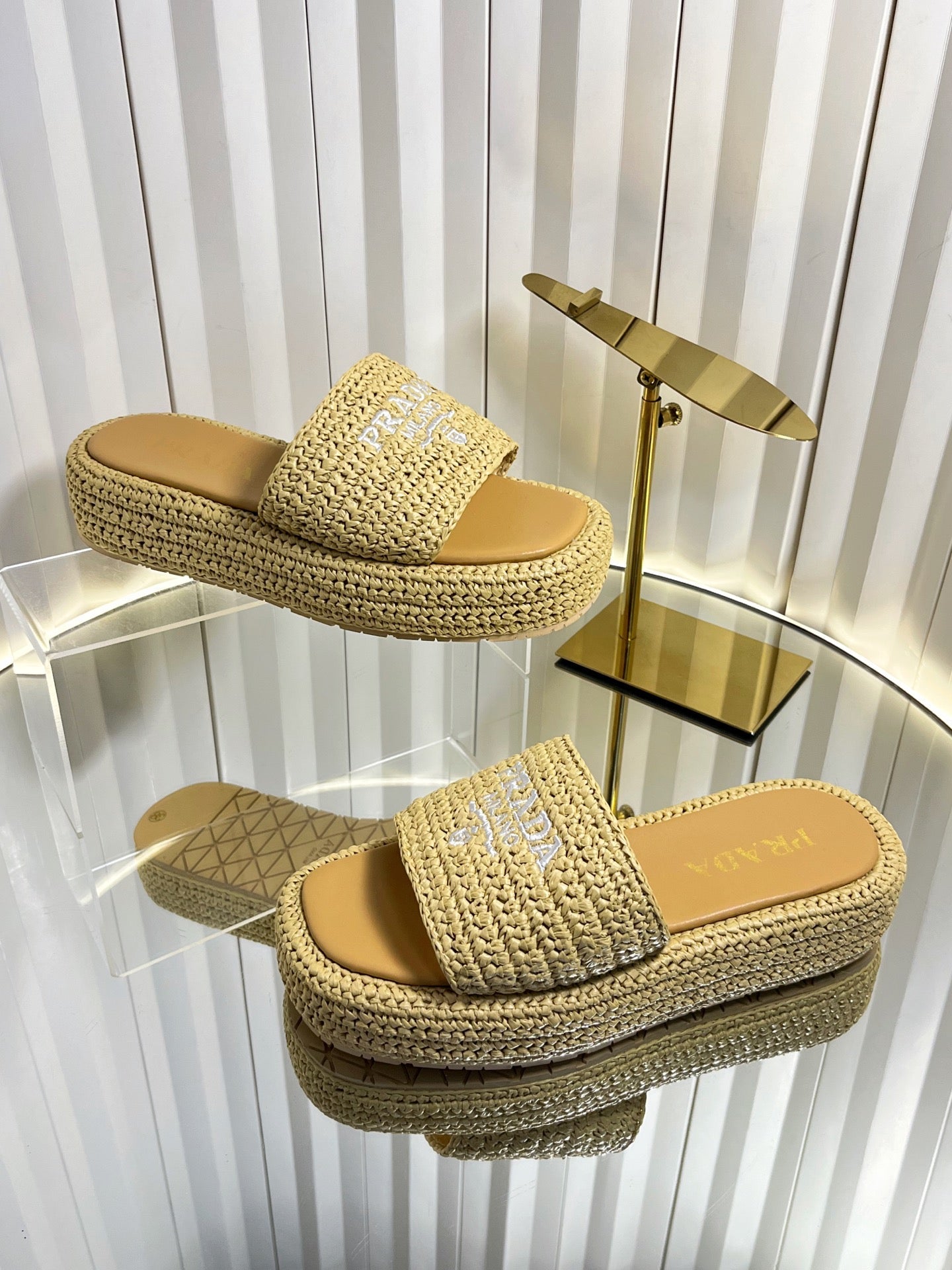 Prada 202 Platform Slide Sandals 40mm Woven Raffia 768777