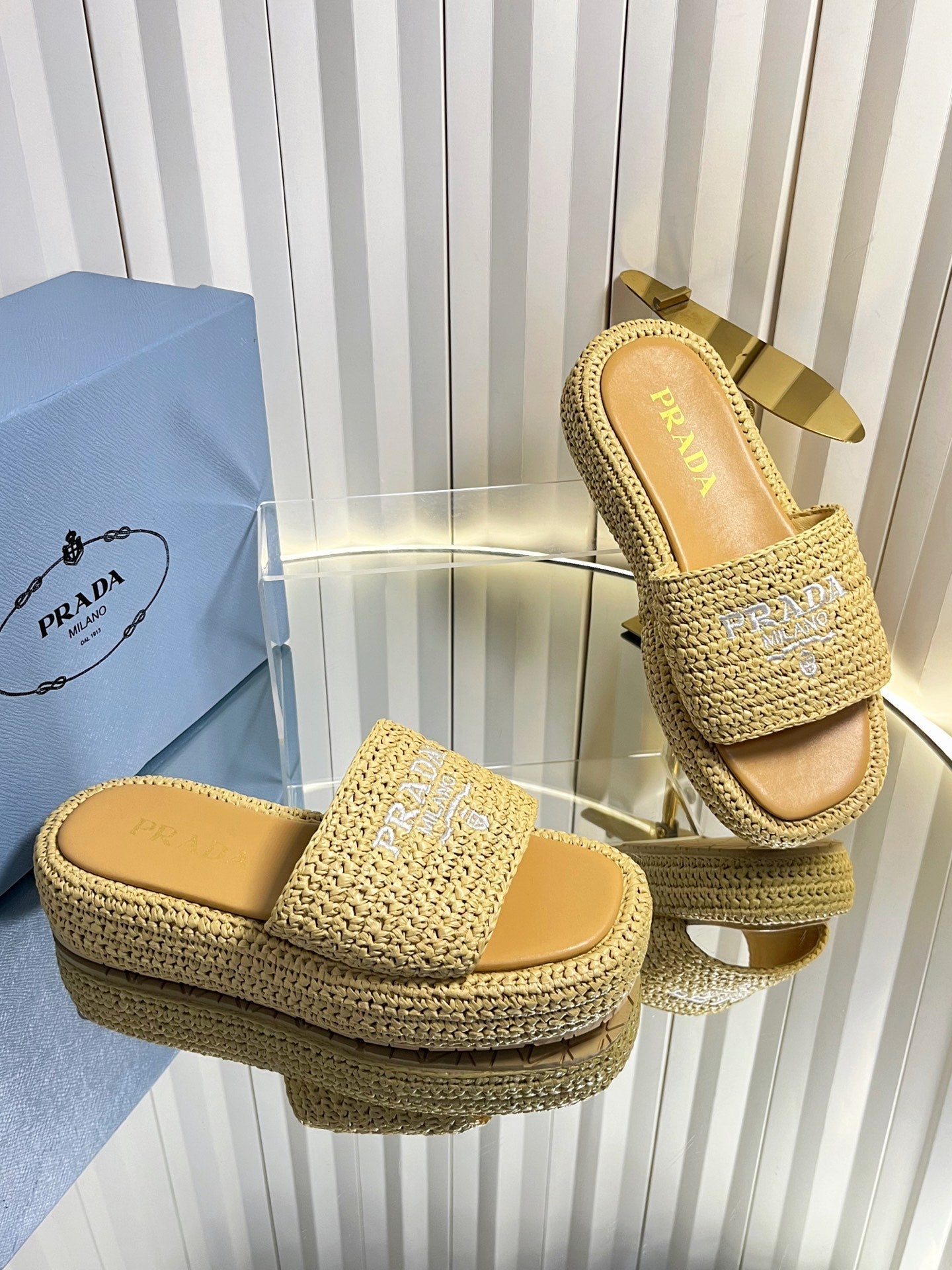 Prada 202 Platform Slide Sandals 40mm Woven Raffia 768777