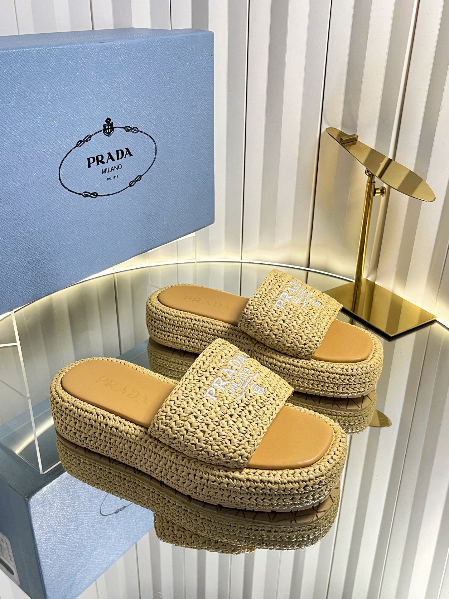 Prada 202 Platform Slide Sandals 40mm Woven Raffia 768777