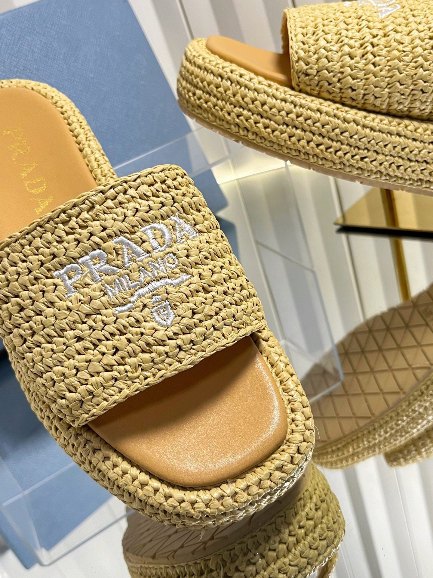 Prada 202 Platform Slide Sandals 40mm Woven Raffia 768777