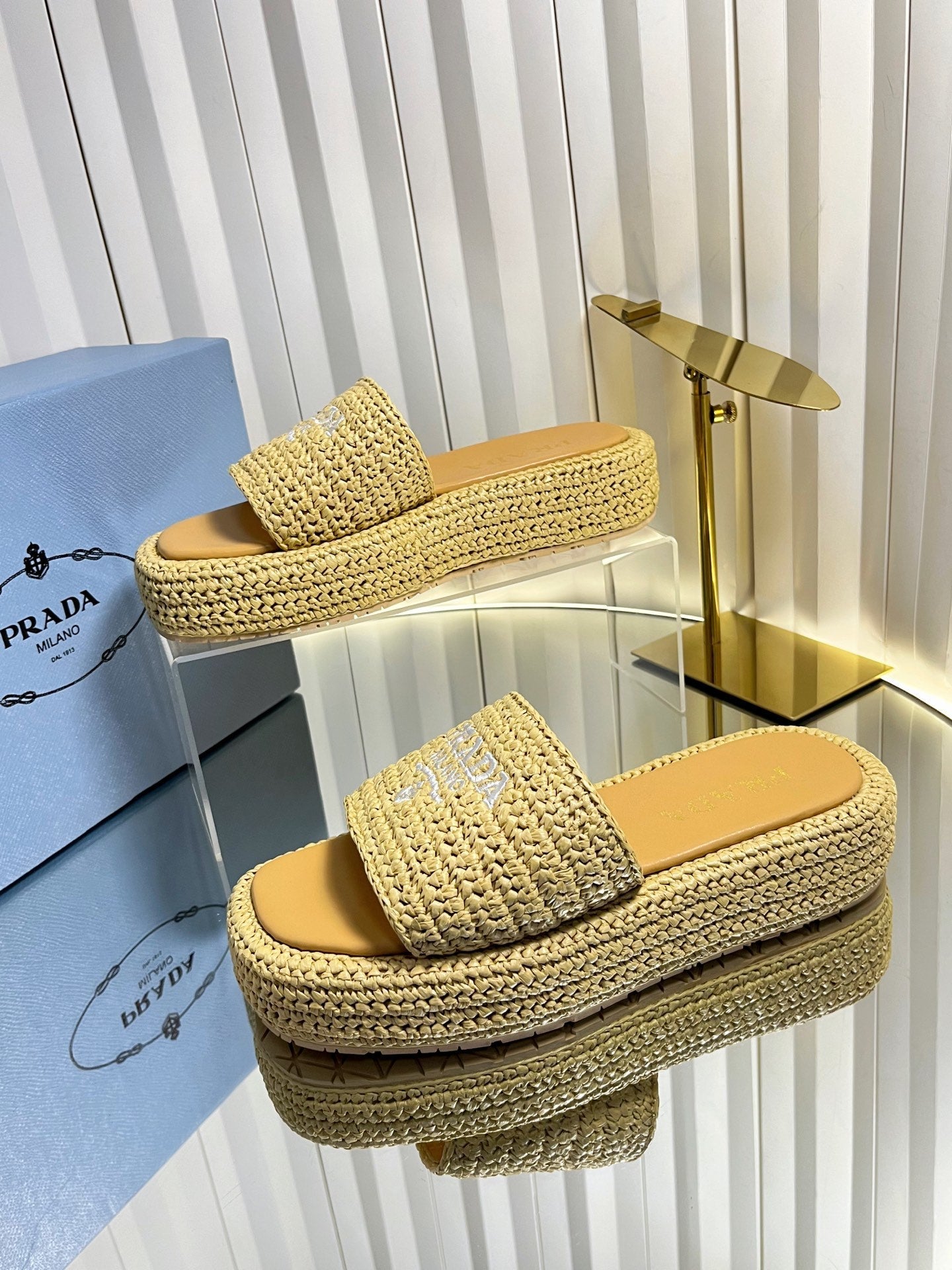 Prada 202 Platform Slide Sandals 40mm Woven Raffia 768777