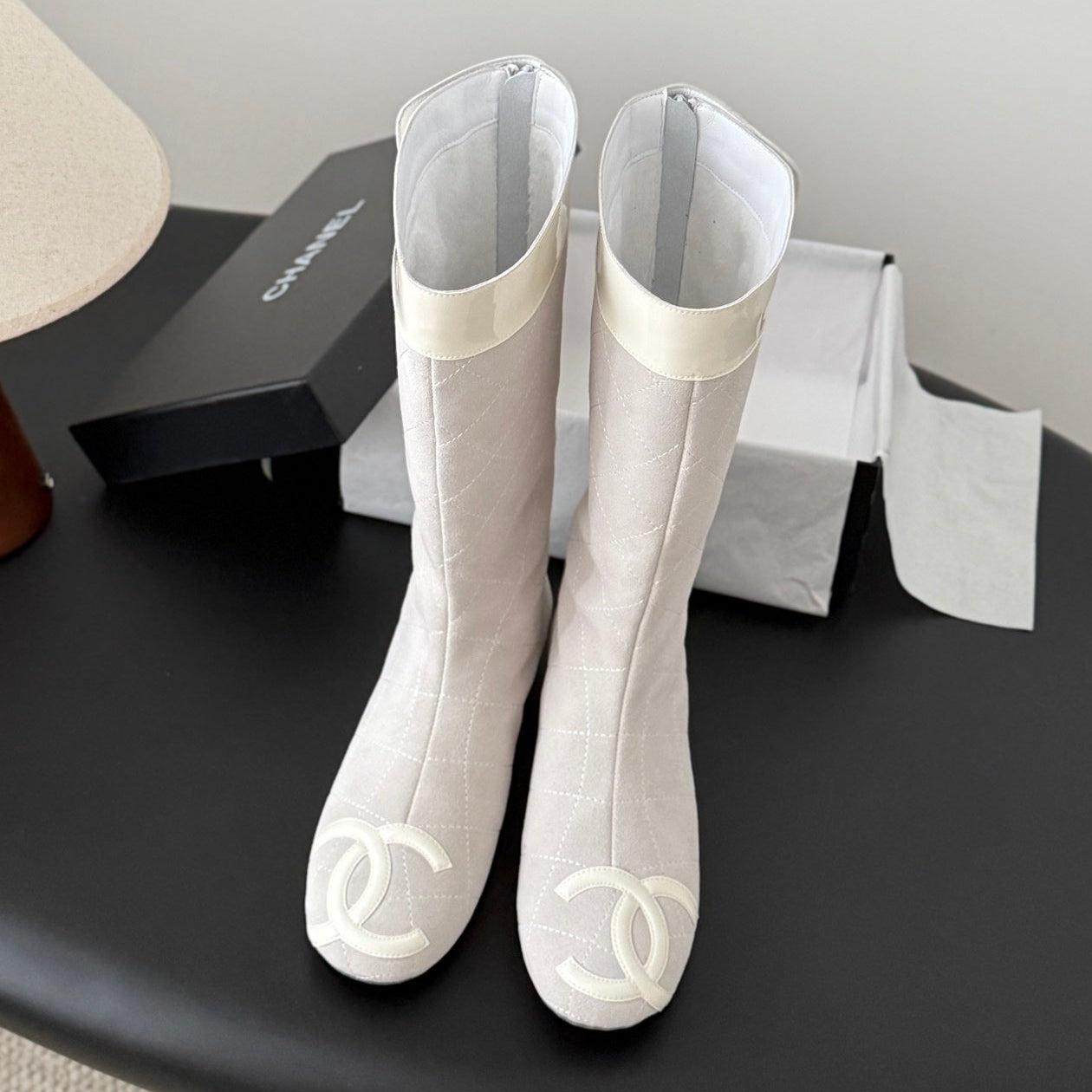 CC 2025 Vintage Cambon Mid-Calf Boots White Suede Patent Leather 550639