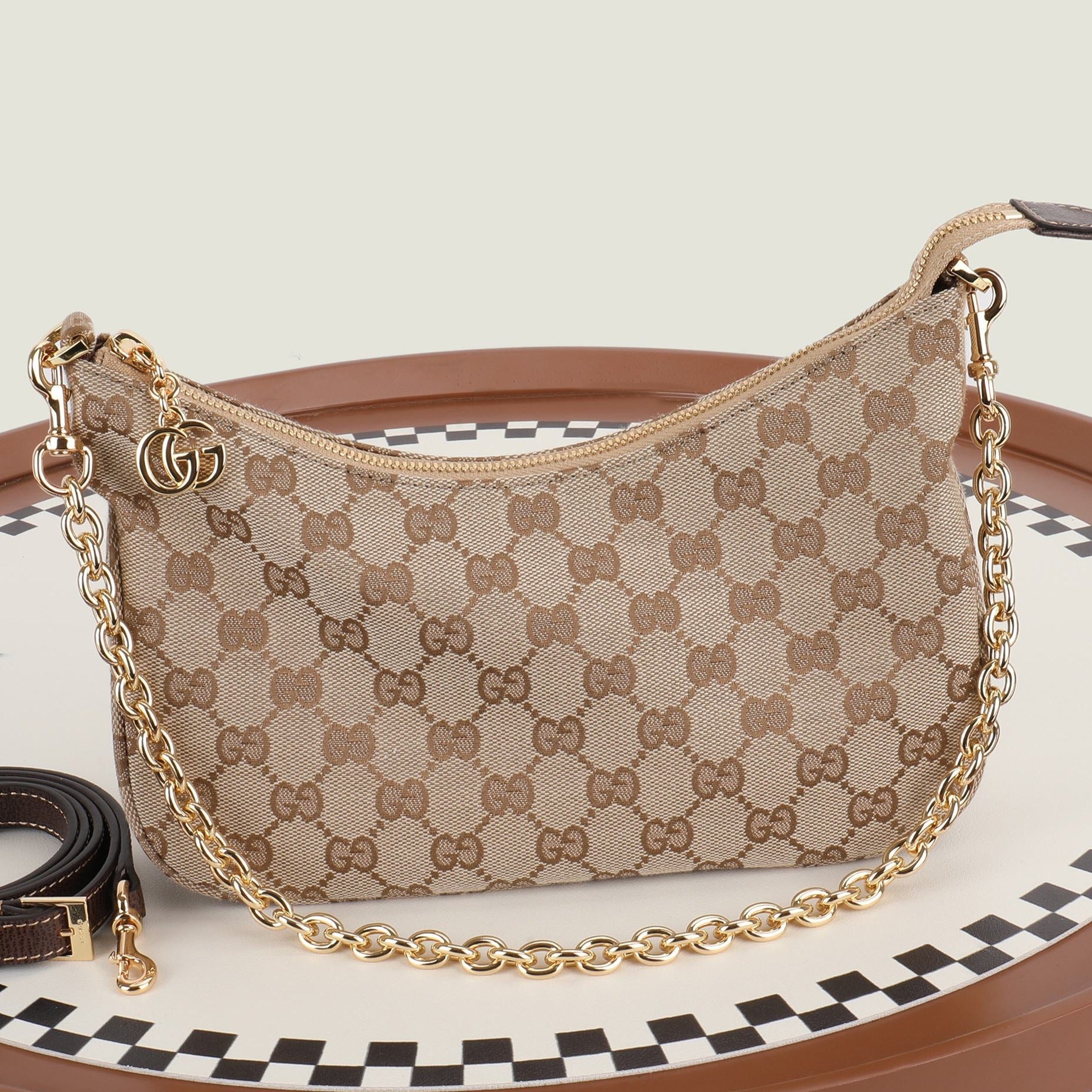 Gucci 2026 Lady Lunetta Chain Shoulder Bag Brown Canvas Leather