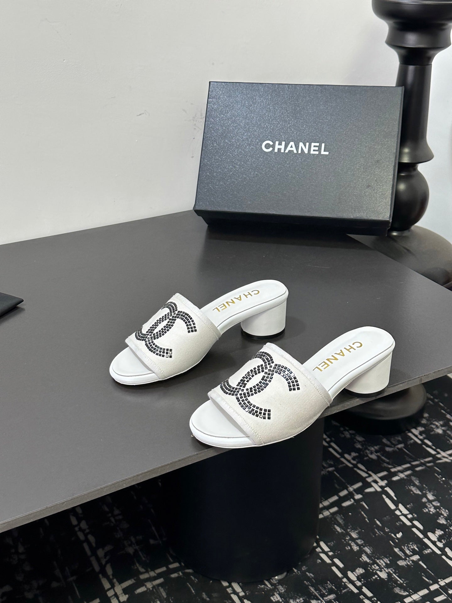 CC 2026 High Heel Slippers White Canvas Sheepskin 668153