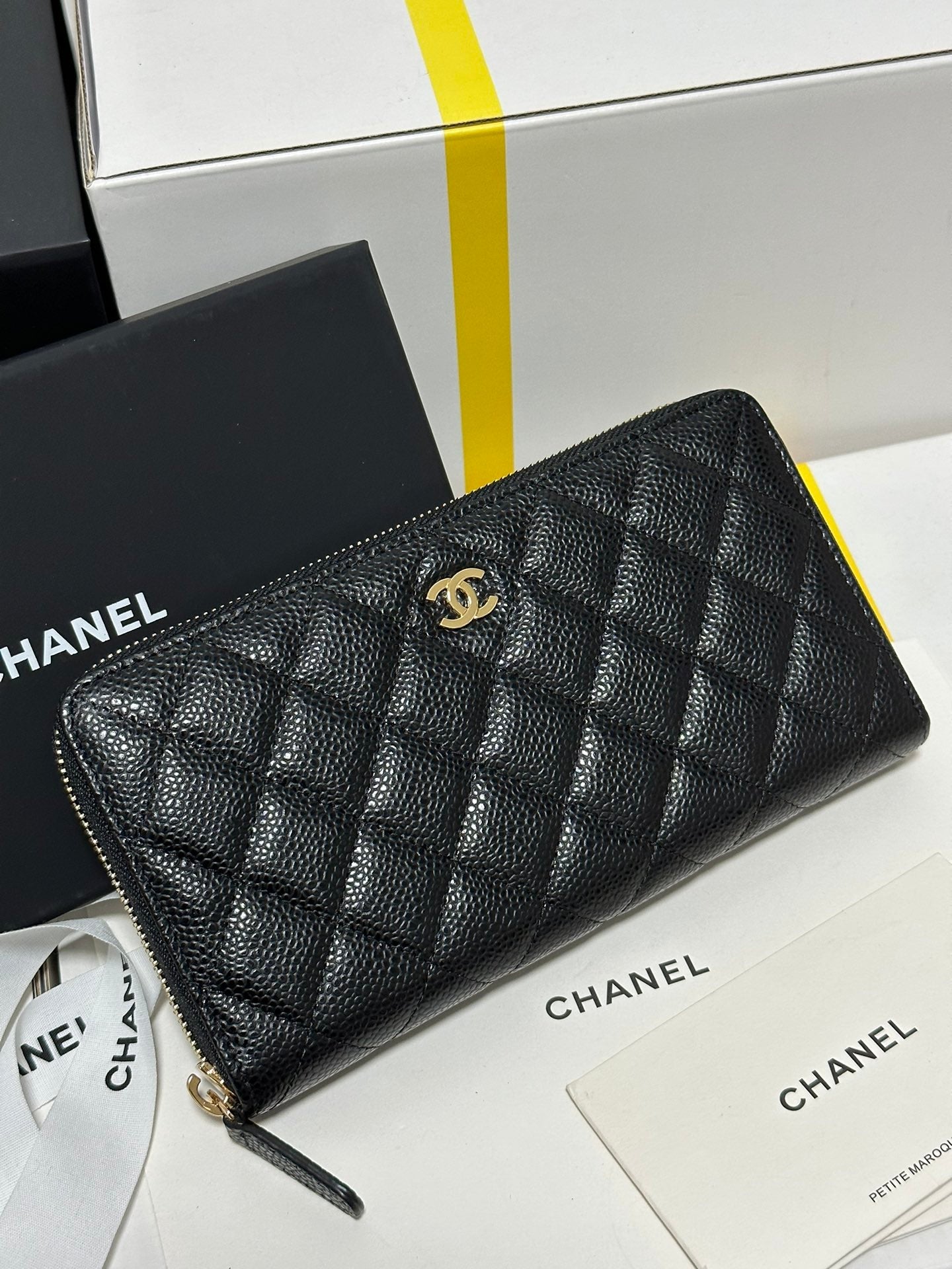 CC Long Zipped Wallet Black Quilted Caviar Gold Buckle 243681