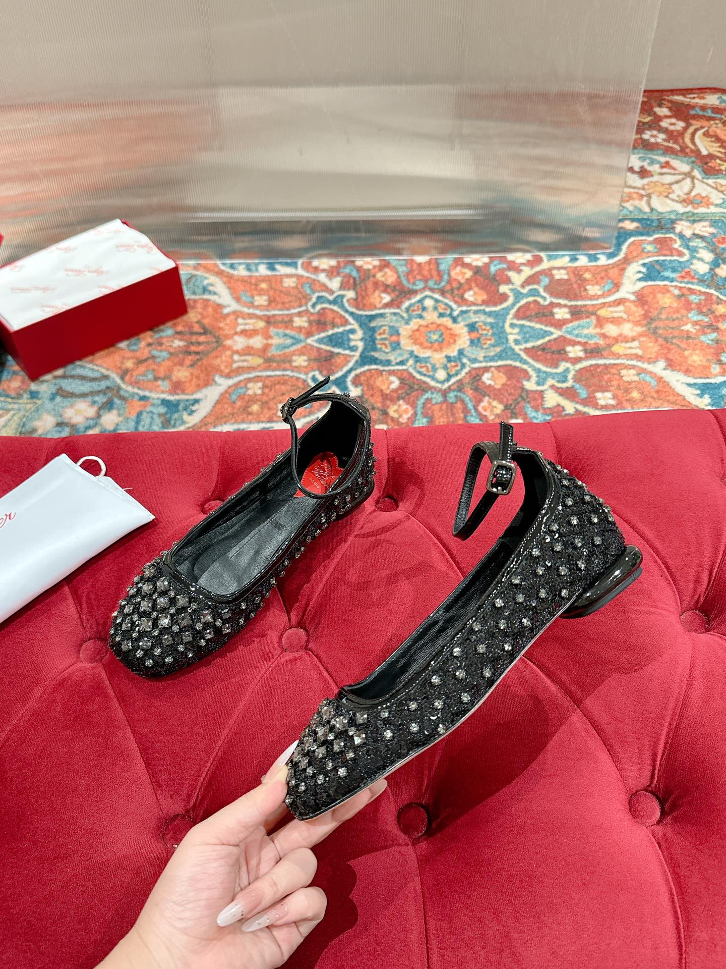 Viv 25 Mary Jane Flats Black Fabric Rhinestone 247125