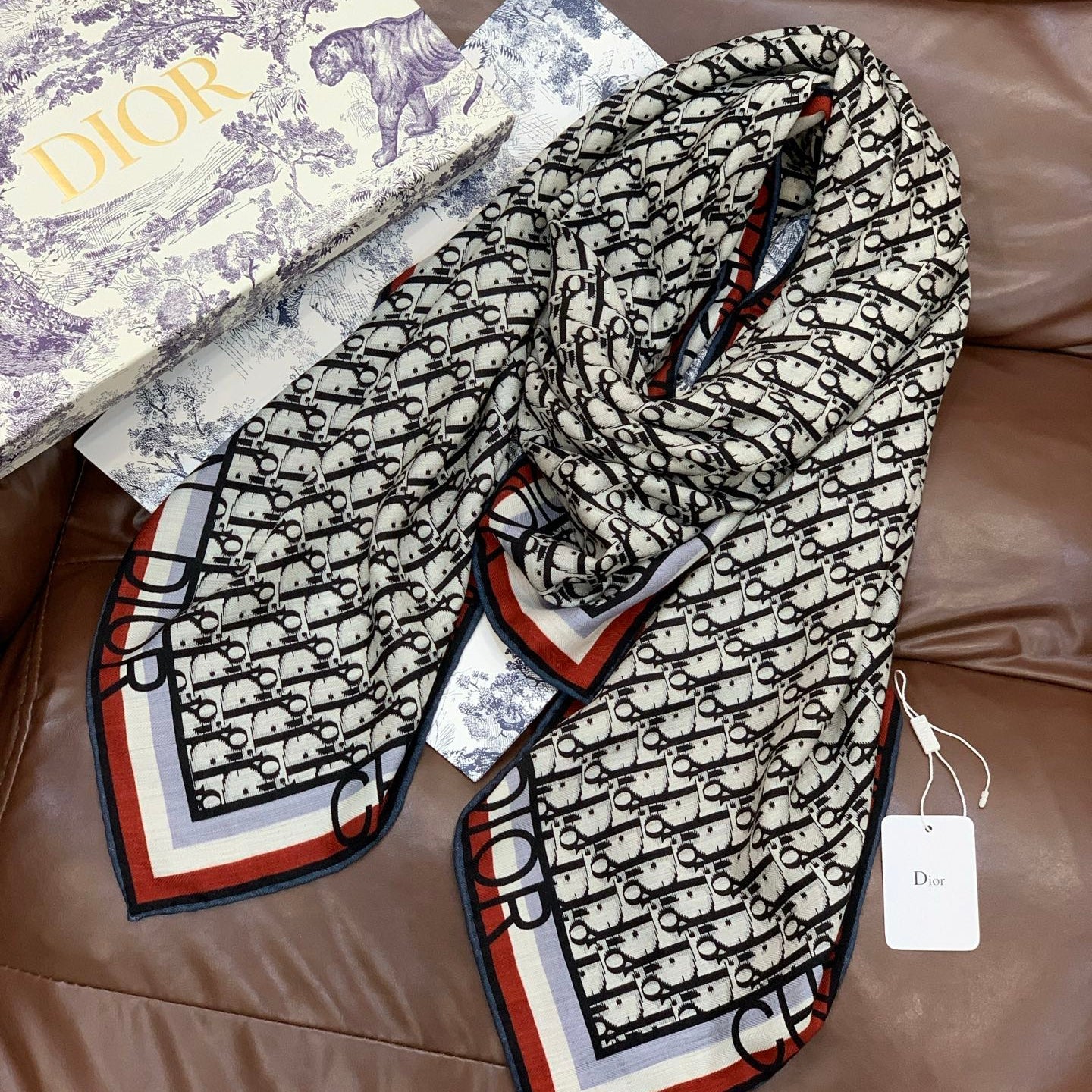 CD Monogram Scarf 140CM Dark Blue Cream Cashmere 293188
