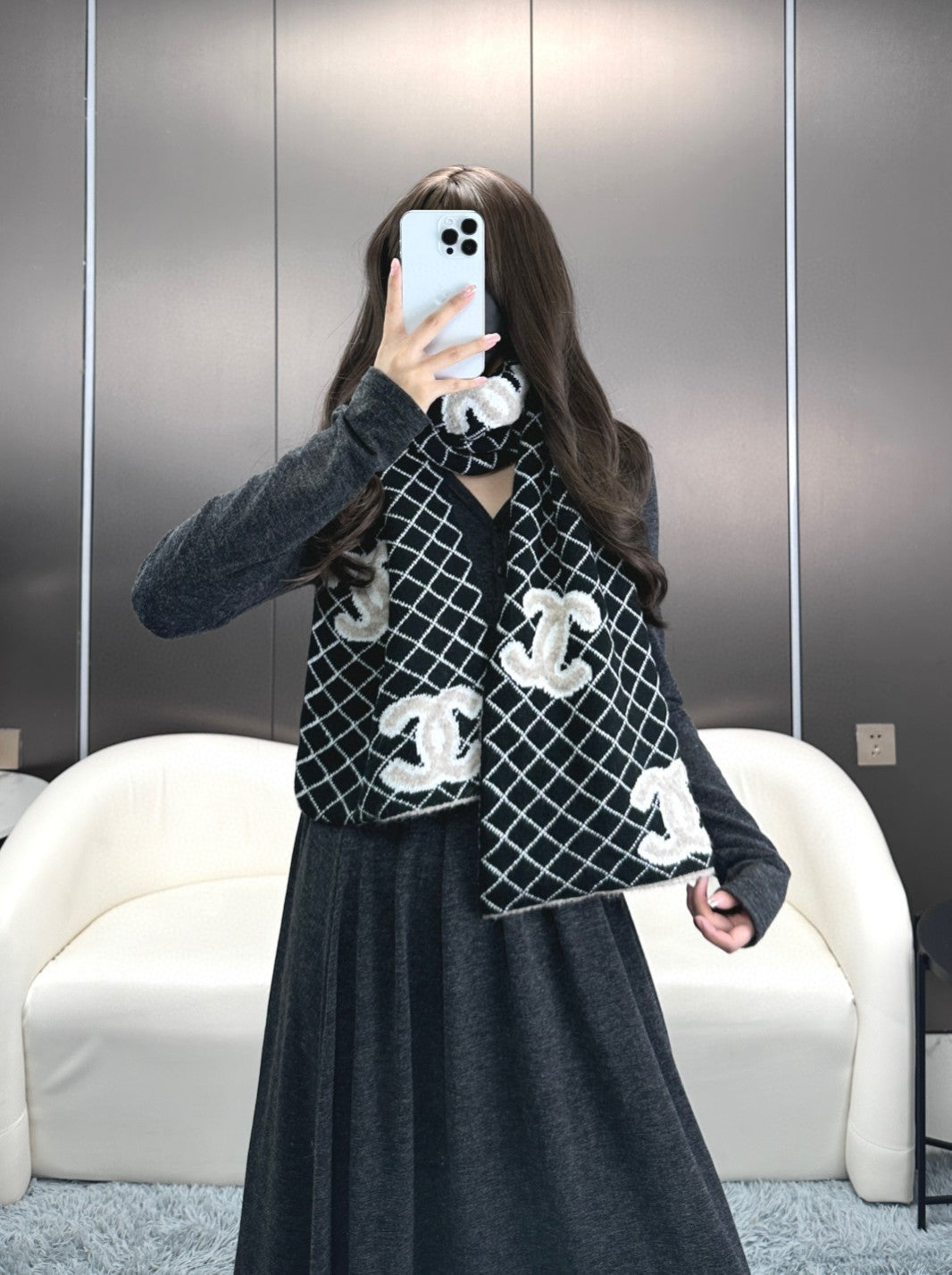 CC Scarf 185 CM In Black Mix Grey Cashmere Wool  370376
