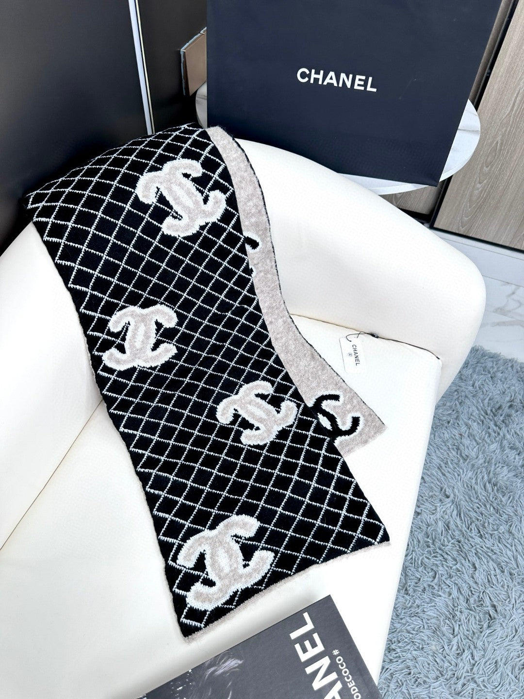 CC Scarf 185 CM In Black Mix Grey Cashmere Wool  370376