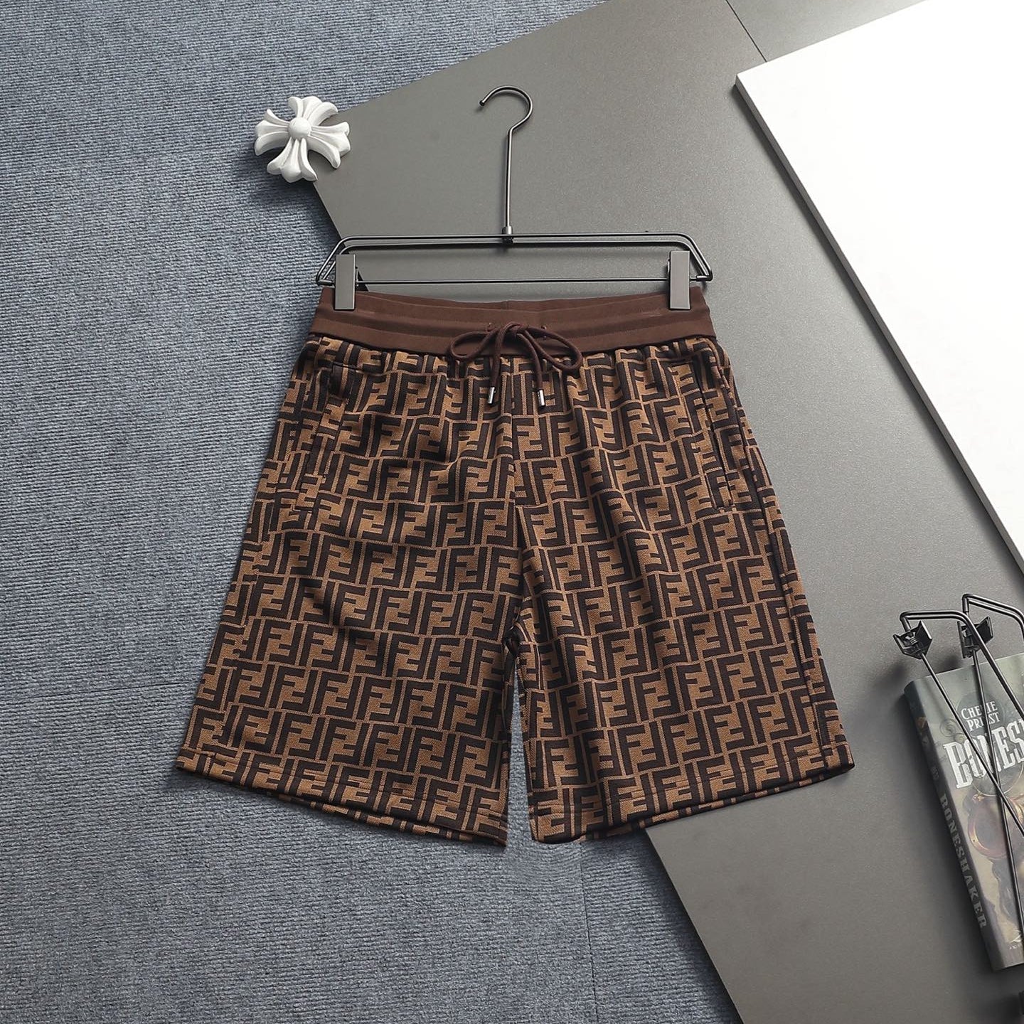 Fendi 2026 Men's Shorts Black Brown Monogram Cotton Blend 829767