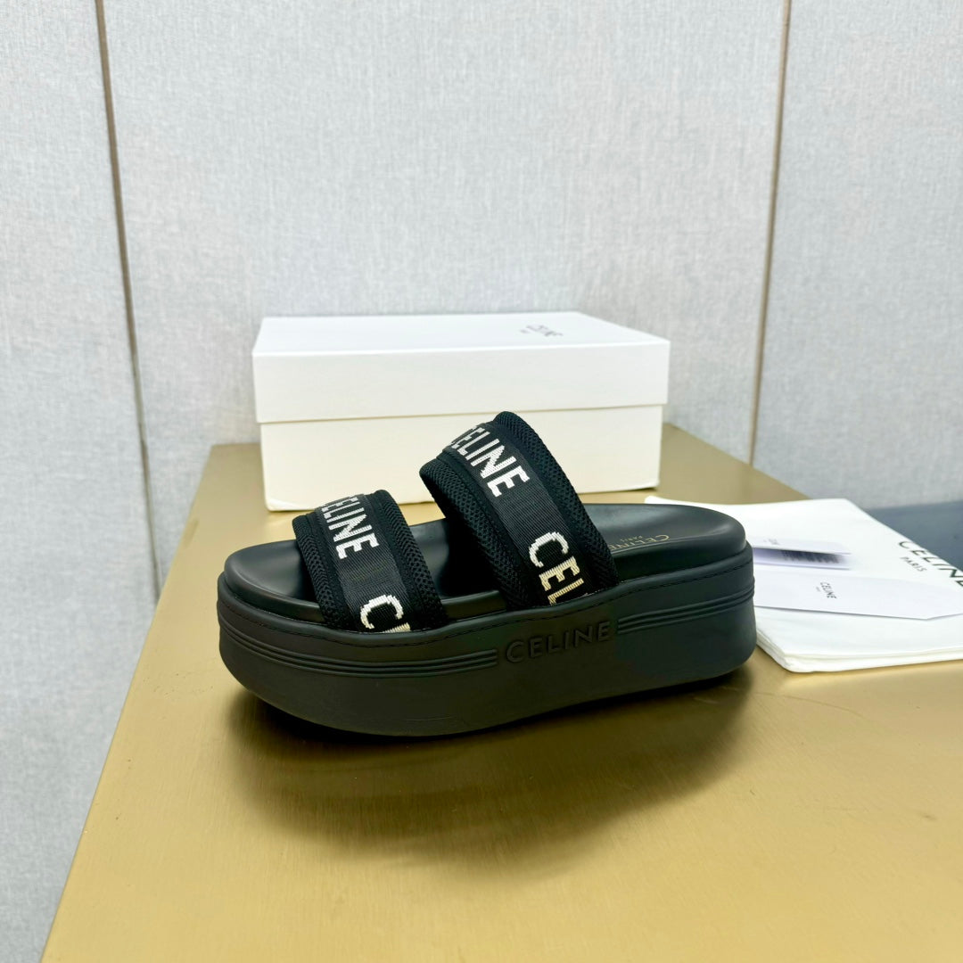 Celine Flatform Dad Sandal Mule Black Fabric with Rubber 238142