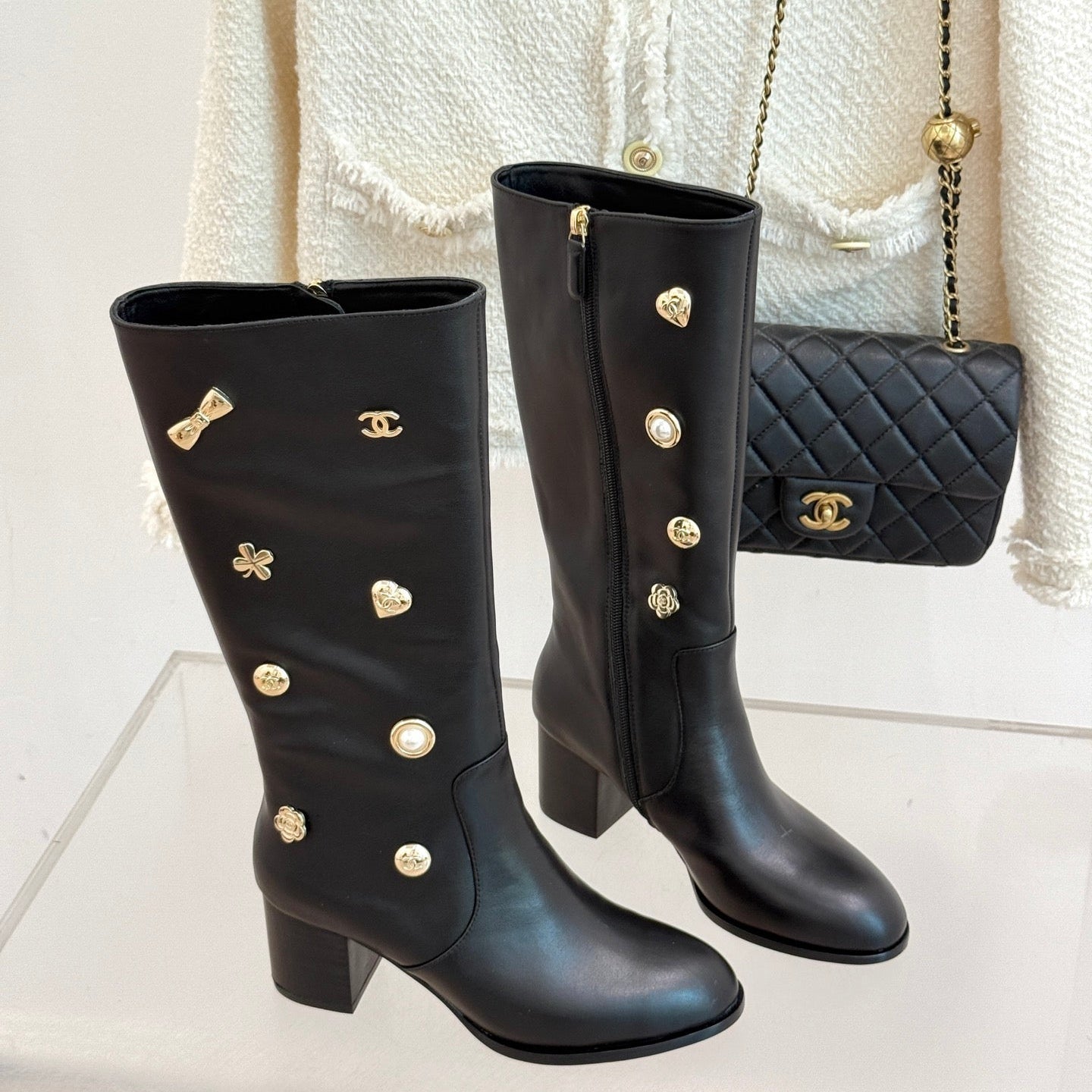 CC High Heel Boots Black Sheepskin Mix Charm 512034
