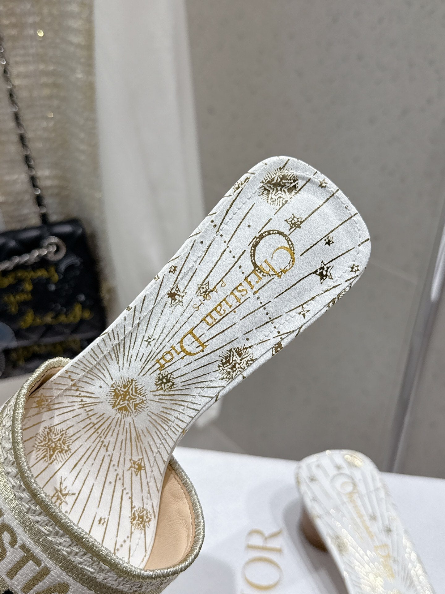CD 26s Embroidered Flat Slippers White Gold Canvas Leather 636394