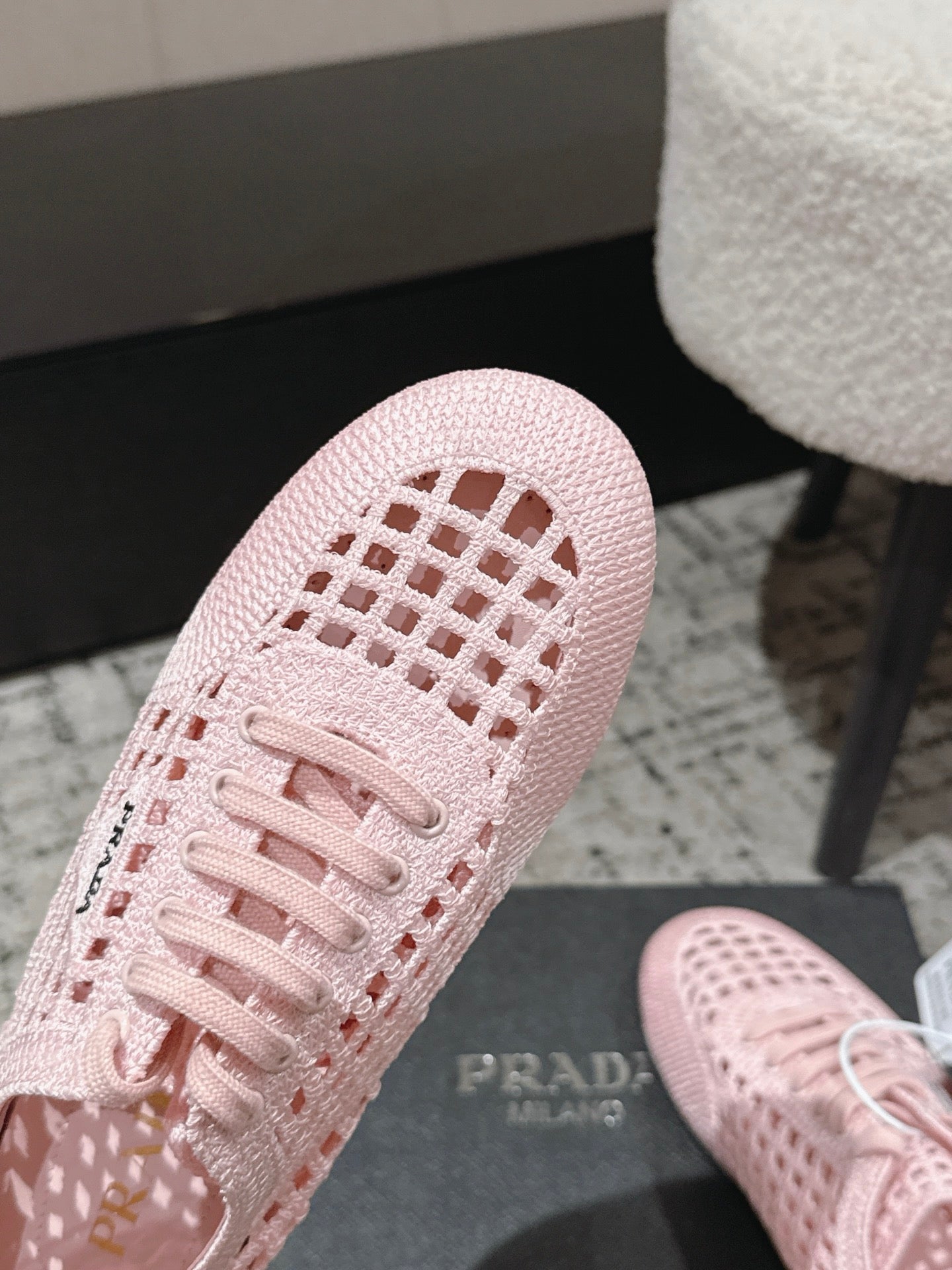 Prada 2026 Women's Collapse Crochet Laced Sneakers Sheepskin 770902
