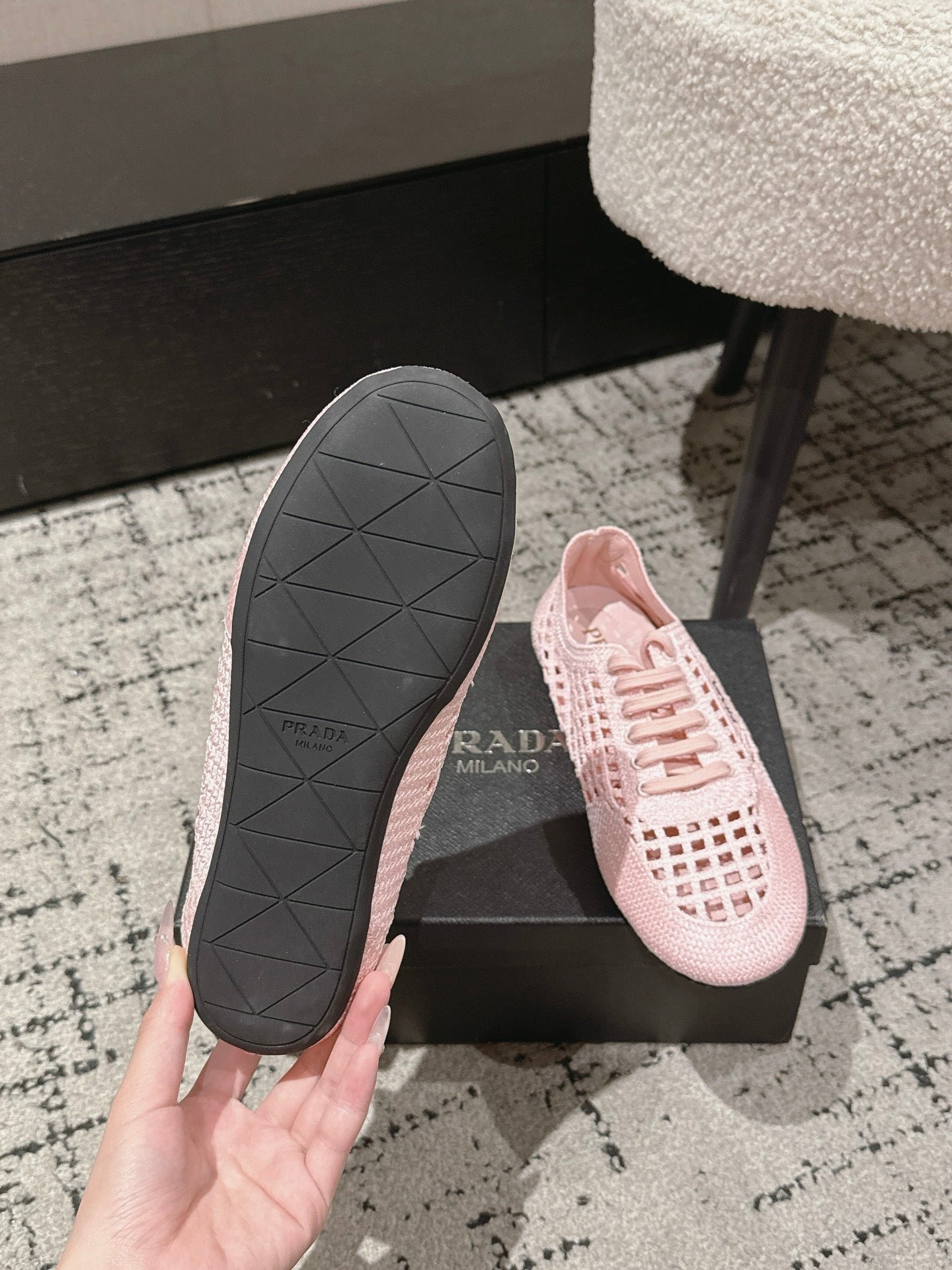 Prada 2026 Women's Collapse Crochet Laced Sneakers Sheepskin 770902