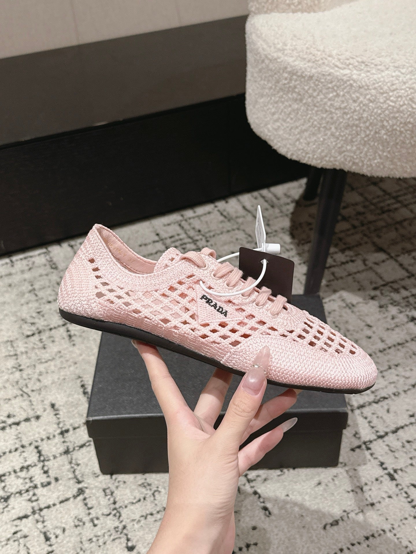Prada 2026 Women's Collapse Crochet Laced Sneakers Sheepskin 770902
