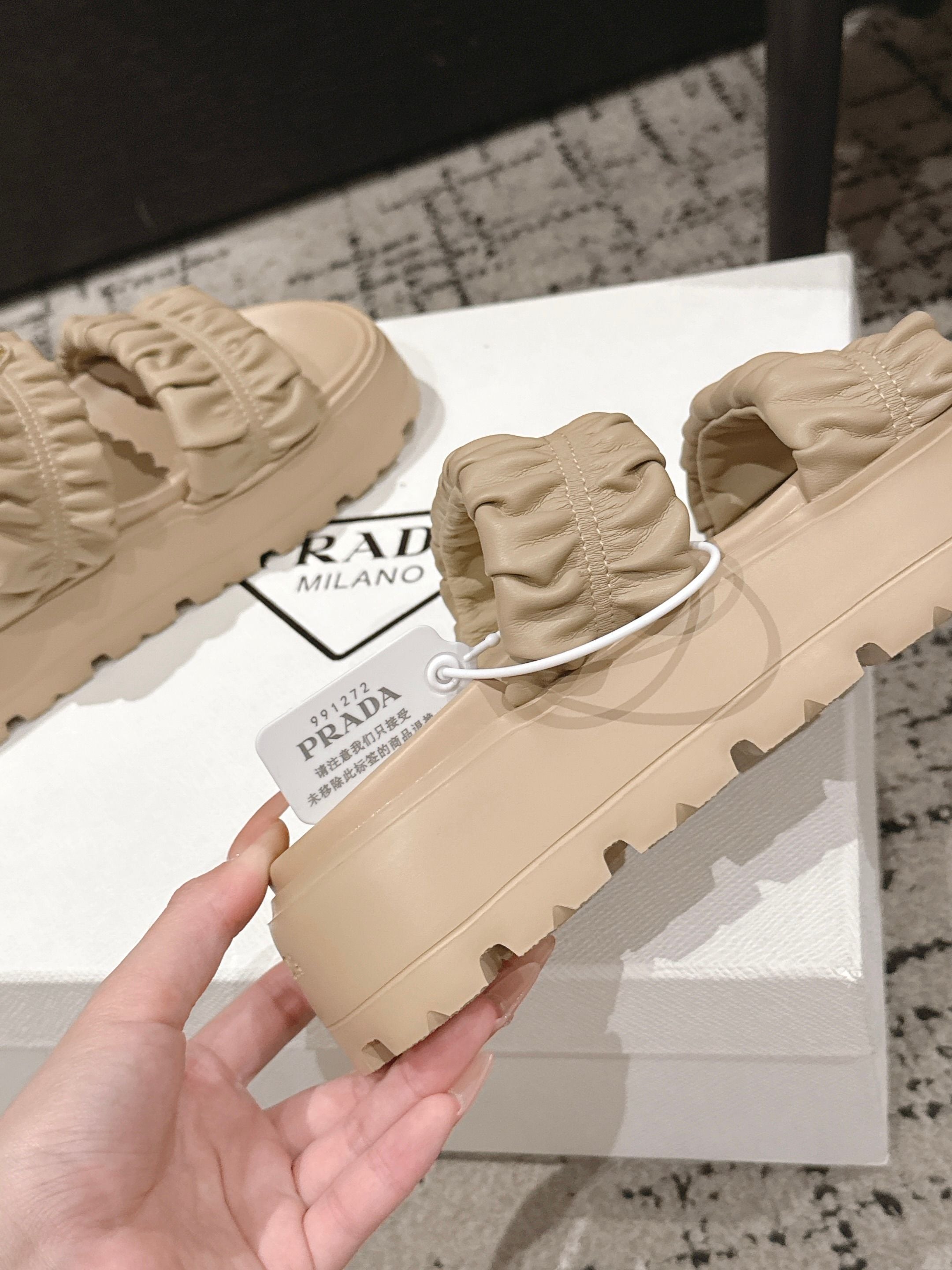 Prada 2026 Pleated Double-Strap Platform Sandals 55mm Sheepskin 771016