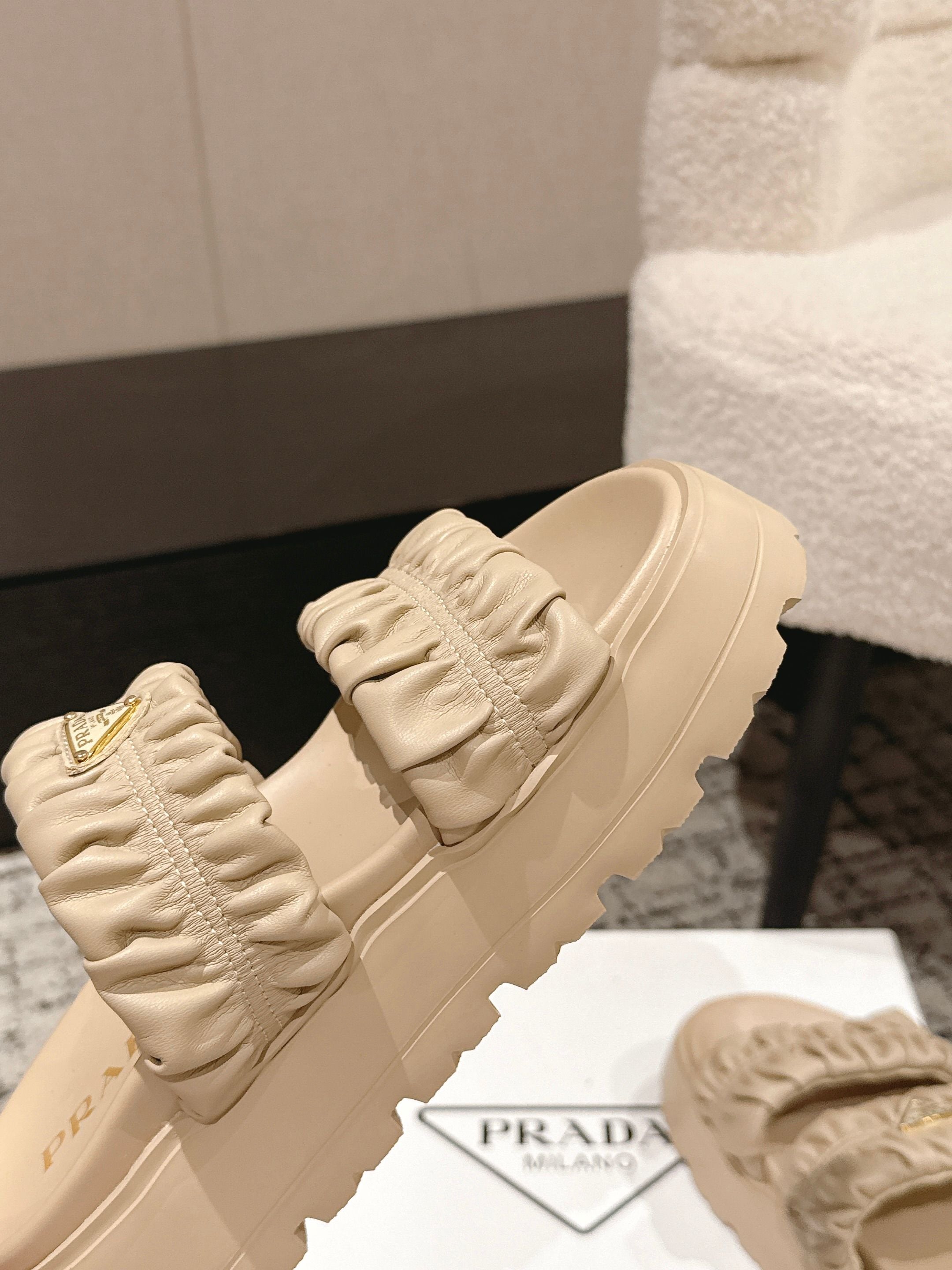 Prada 2026 Pleated Double-Strap Platform Sandals 55mm Sheepskin 771016