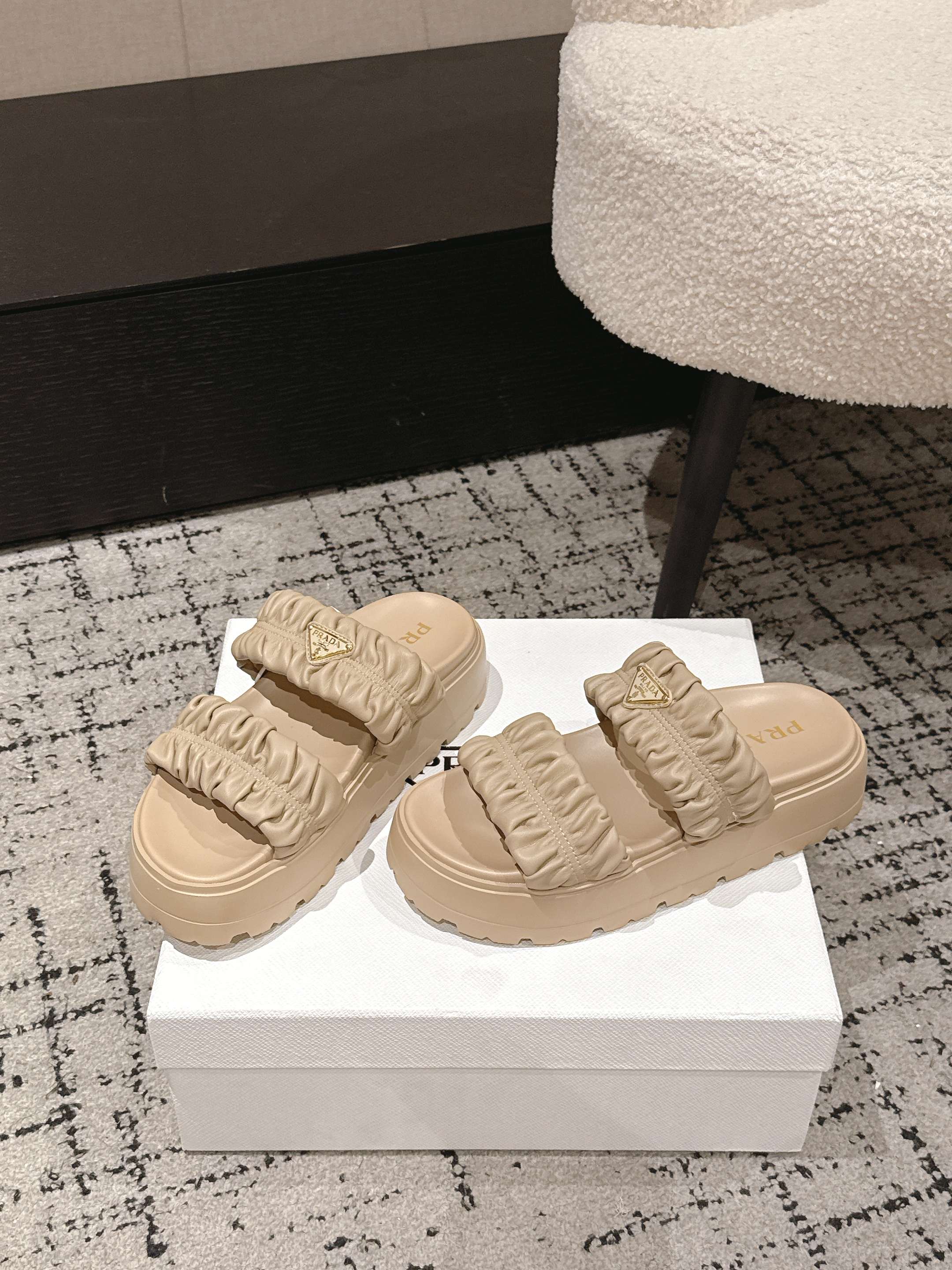 Prada 2026 Pleated Double-Strap Platform Sandals 55mm Sheepskin 771016
