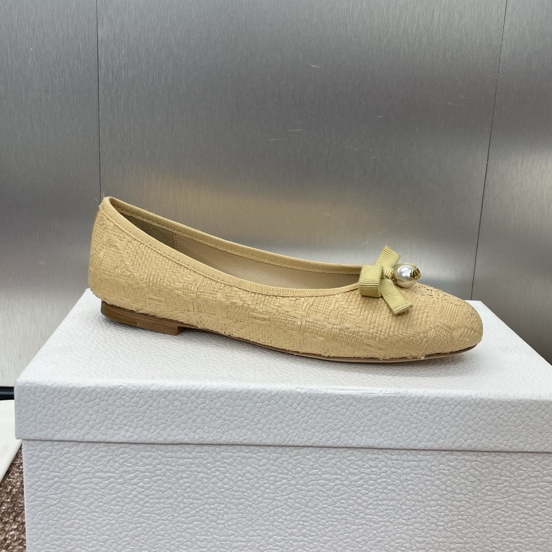 CD Ballet Flat Beige Woven Sedge And Lambskin