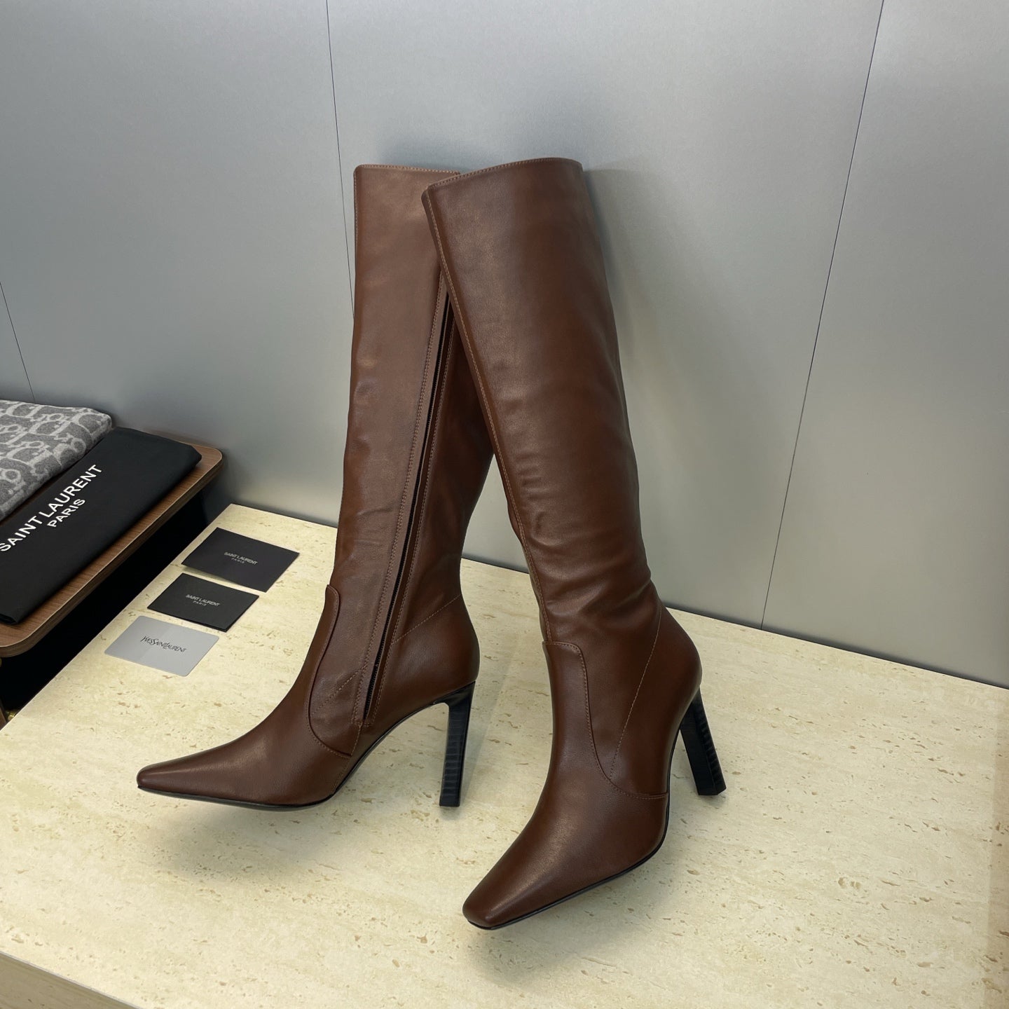 YSL 2025  Square Toe Over-the-Knee Rider Boots Brown Calfskin 574017