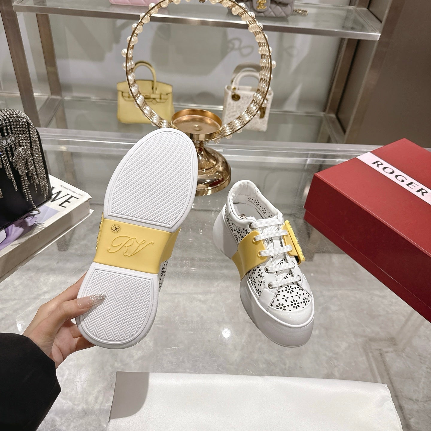 Viv 25 Square Buckle Platform White Yellow Cowhide 262976