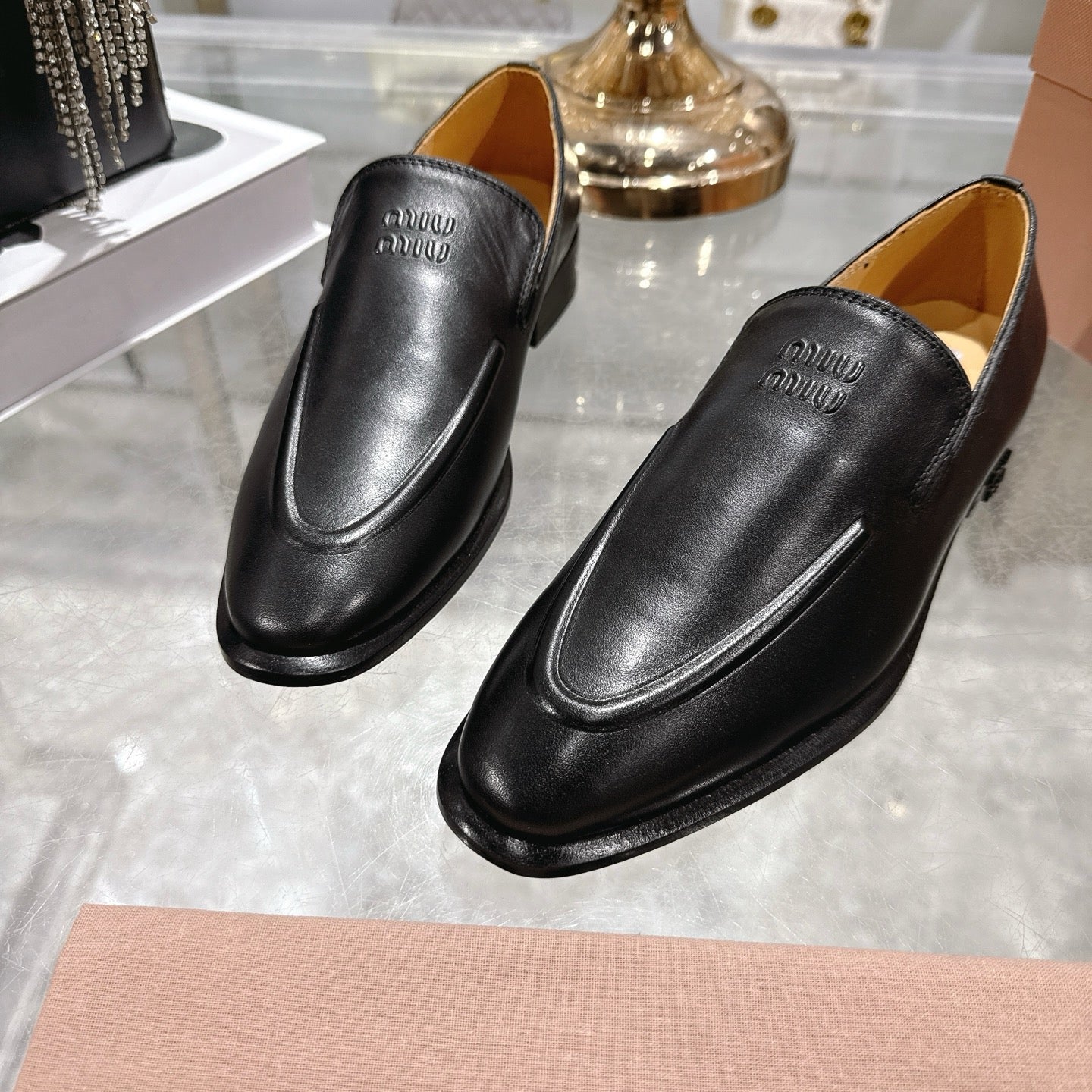 Miu Distressed Loafers Black Cowhide 592054