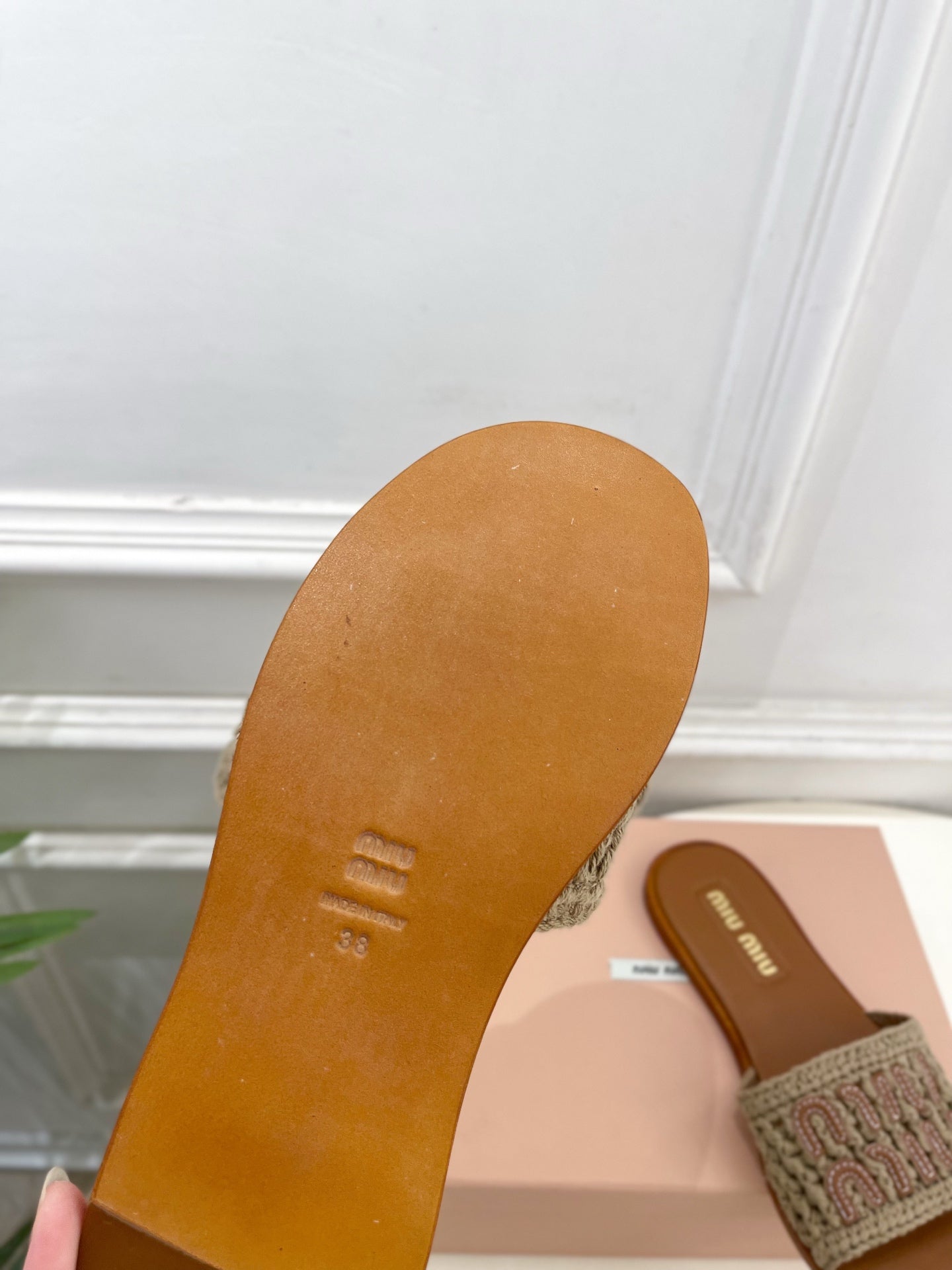 MIU Flat Slippers Brown Knitted Fabric Sheepskin 631915