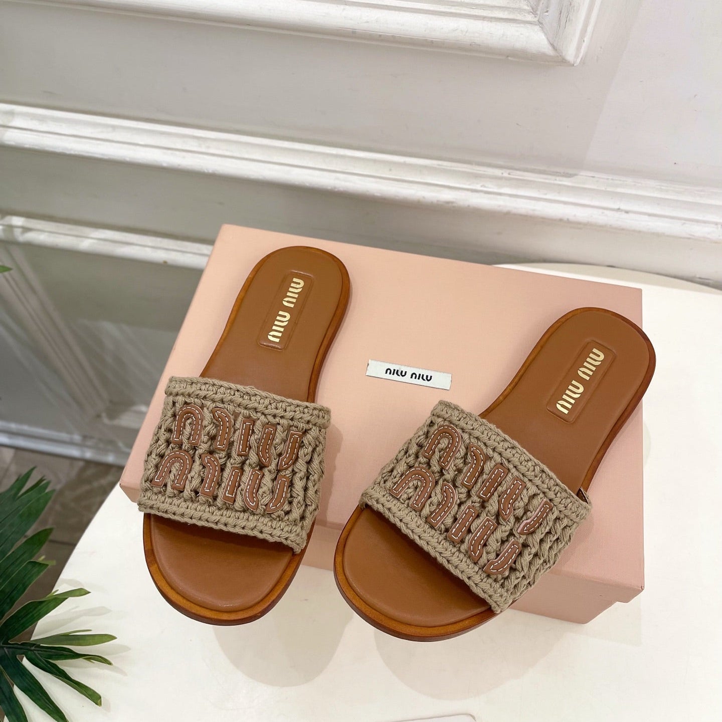 MIU Flat Slippers Brown Knitted Fabric Sheepskin 631915
