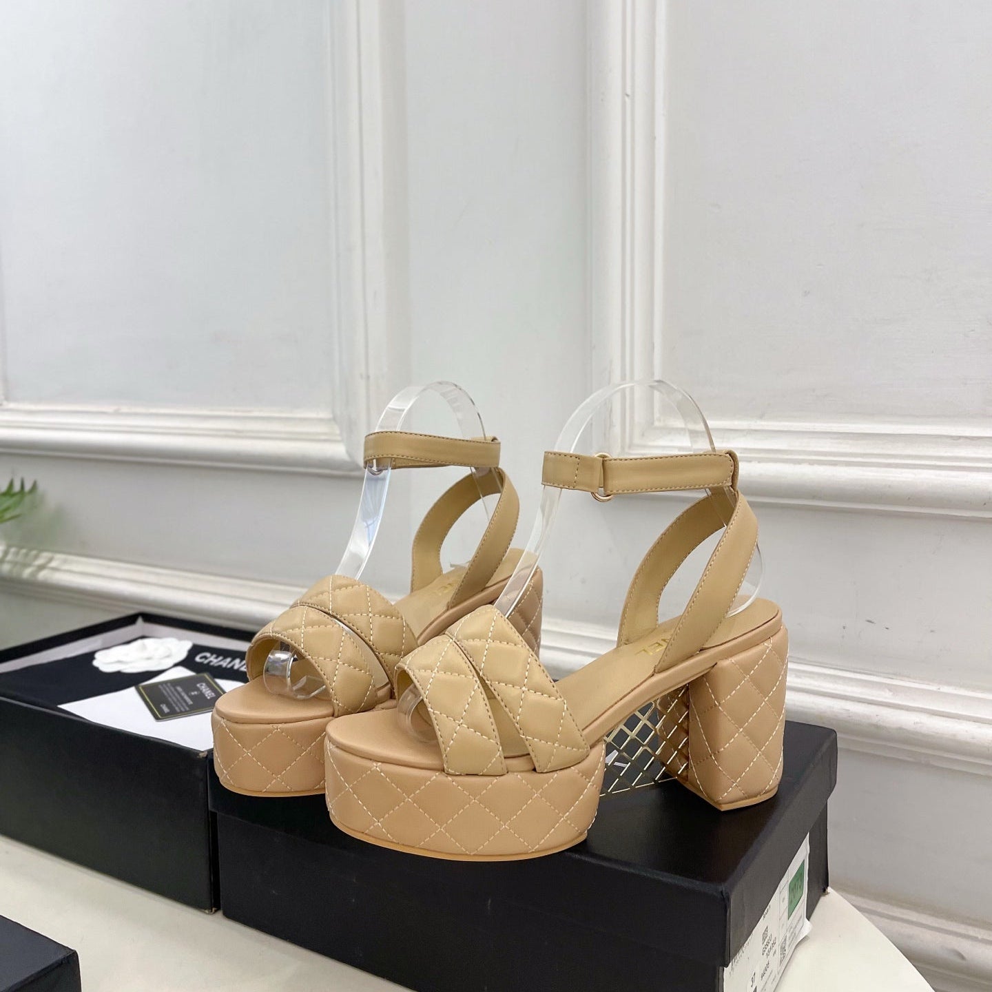 CC 26s HighHeeled Platform Sandals 85 Beige Sheepskin 631869
